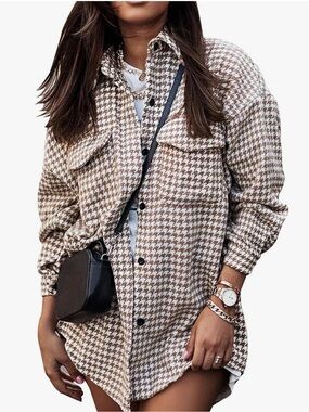 Brown & White Houndstooth Button-Down Shirt Jacket